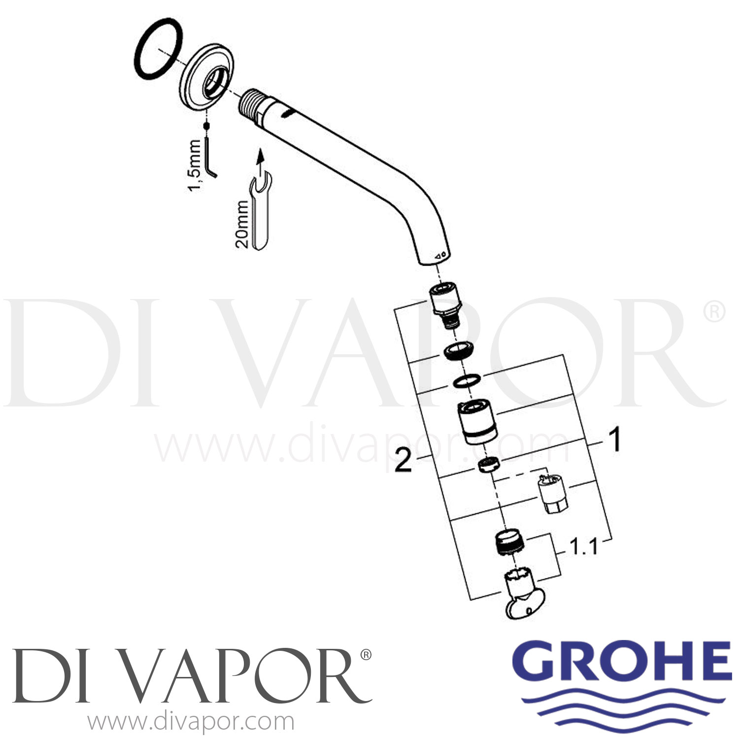 Grohe 20203000 Universal Wall Mounted Tap DN15 Spare Parts   Grohe 20203000 Spare Tech Diagram 