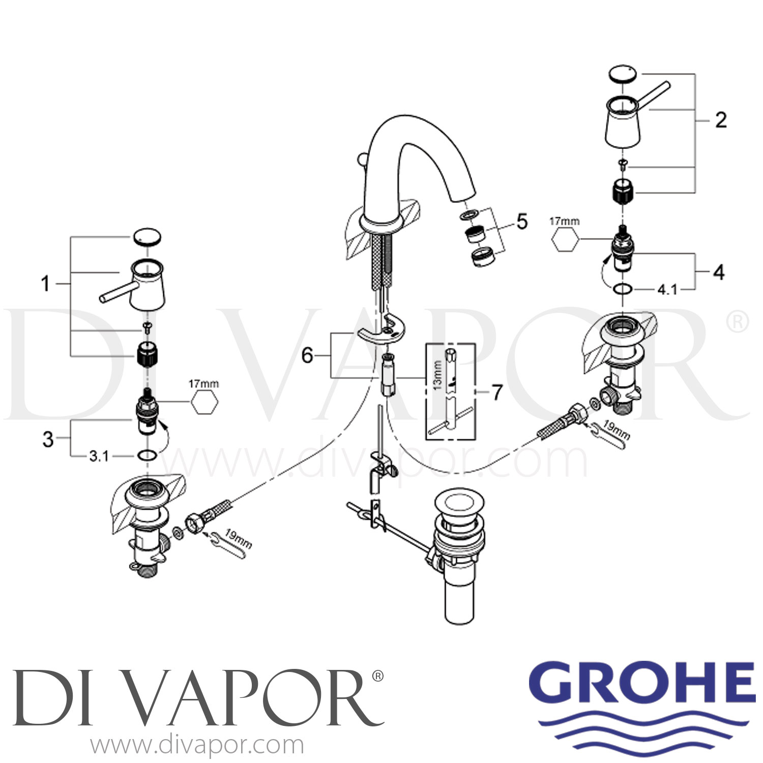 Grohe 20470000 BauClassic Three Hole Basin Mixer Tap Spare Parts   Grohe 20470000 Mixer Spare Tech Diagram 