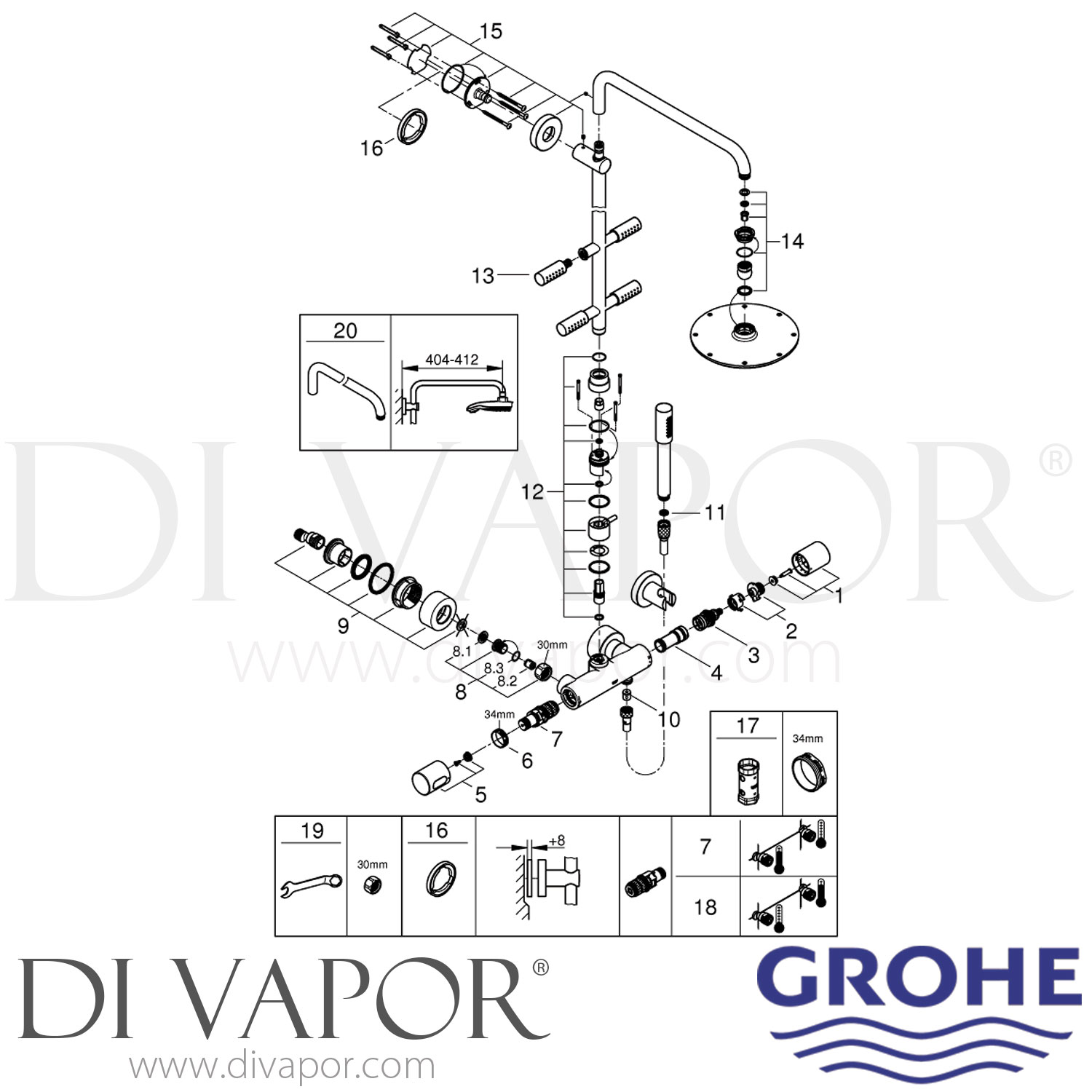 Grohe 27374000 Rainshower System 210 With Thermostat And Side Showers   Grohe 27374000 Spare Tech Diagram 