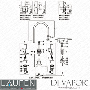 Laufen 2 Handles Basin 3-Holes Mixer + Spout + Basin 2-Holes Mixer (3.1133.2.0XX.220.1) Spare Parts