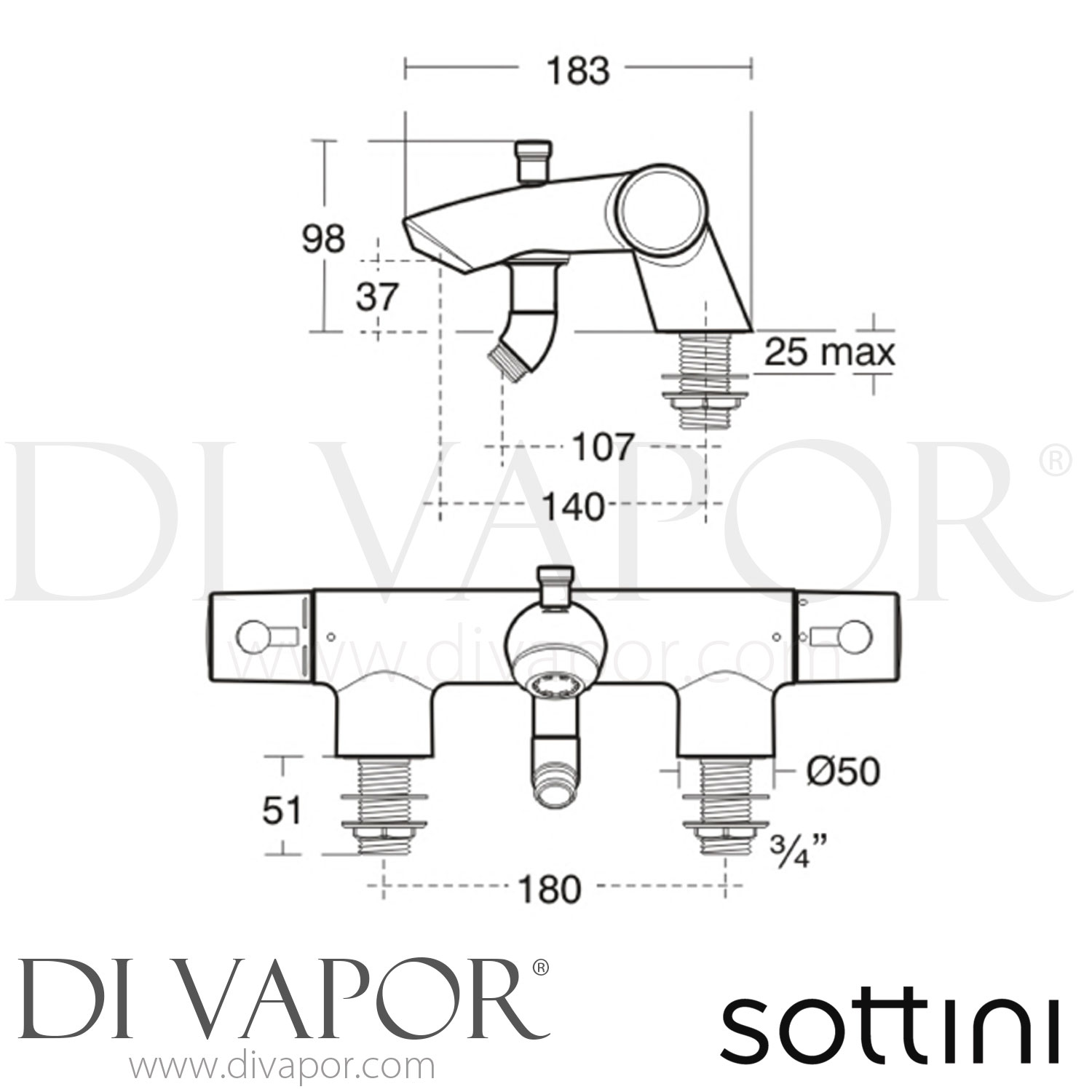 Sottini A4326AA Celano 2 Taphole Thermostatic Bath Shower Mixer with ...