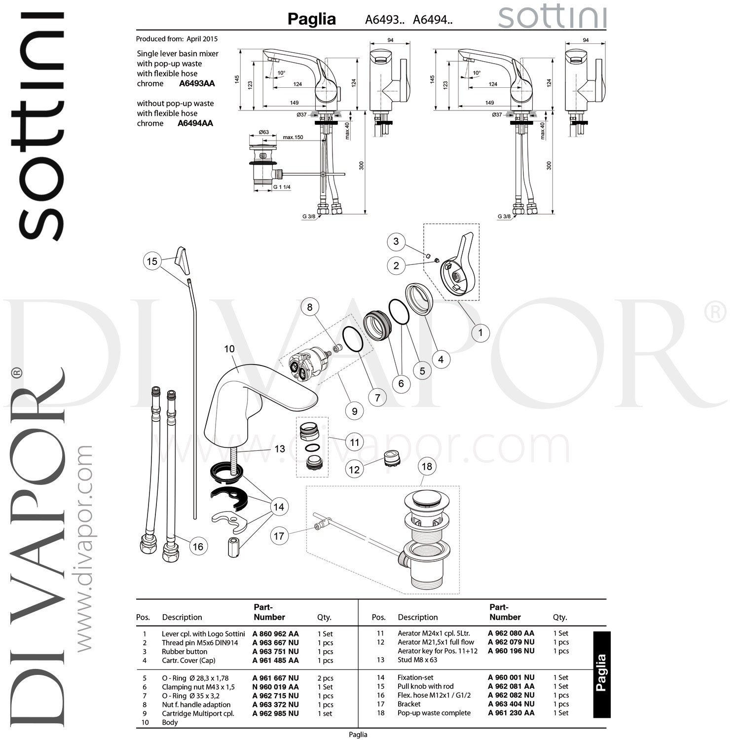 Sottini A6494aa Paglia Basin Mixer Spare Parts