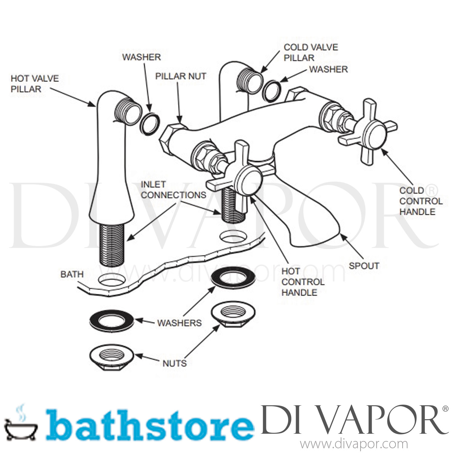 Bathstore Bensham Chrome Cross Head Bath Filler Tap Spare Parts - B DV 128