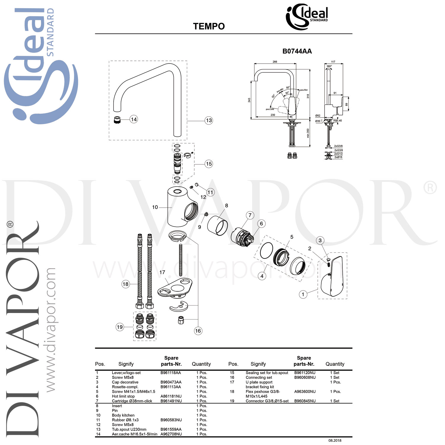 Ideal Standard B0744AA Tempo Sink Mixer Tubular Spout Tap Spare Parts