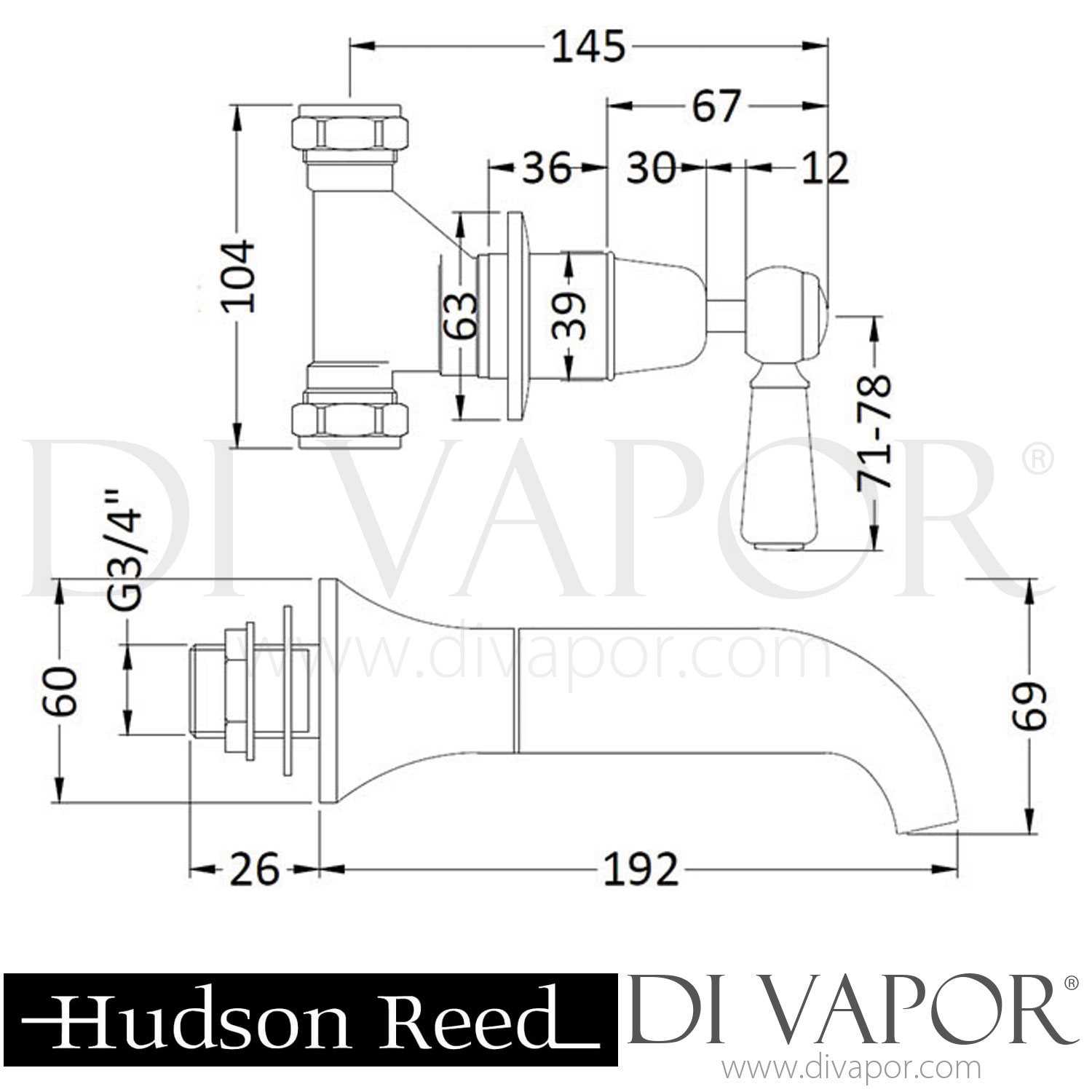 Hudson Reed Topaz Black Lever Wall Mounted Bath Spout & Stop Taps ...