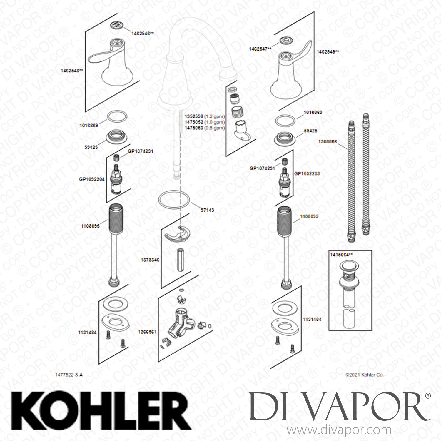 "Kohler Widespread Bathroom Sink Tap, 1.2 GPM (K2738042BZ) Spare Parts"