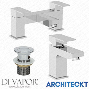 Architeckt TAPB054SET4 Modern Bathroom Square Mono Basin Mixer Bath Filler Tap Set Waste Spare Parts